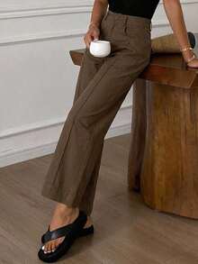 Pantalones holgados con vuelo y bolsillos para mujer, pantalones casuales de unicolor estilo callejero para otoño - Marrón - Ver 5