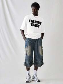 SWAVVY Men's Knit T-Shirt, Casual Style, Loose Fit, Short Sleeve, With English Letter Print, For Summer. - 白色 2 - 查看 4