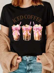 Nueva Colección Navideña de Camisetas para Mujer, Camiseta Estampada a la Moda para Mujer - Cómoda y Sencilla, Cuello Redondo, Adecuada para Todas las Temporadas, Top Casual Elegante, Envío Local, Camiseta con Estampado de Cera Curada, Regalo Navideño, Esencial F - Negro - Ver 5
