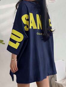 CZJ Oversized 3/4 Sleeve Longline T-Shirt, Loose Fit Casual Top Dress for Women - Azul marino - Ver 5