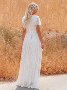 Vestido largo de gasa escote profundo elegante para otoño invierno - Blanco - Ver 6