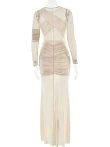 Long Dress With Sheer Mesh, Long Sleeves, Pleated, Fitted Cut, Chic And Sensual Style. - 米色 - 查看 6