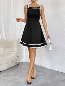 Vestido Con Cinta De Contraste - Negro - Ver 5