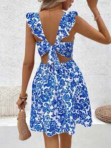 Vestido con estampado floral, dobladillo calado con volantes decorados, atuendo de vacaciones y playa para mujeres - Azul - Ver 2