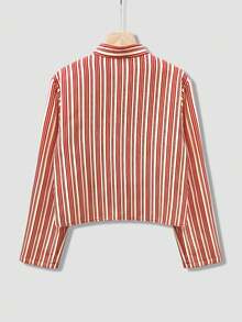 Nueva camisa elegante y con estilo de manga larga con botones delanteros a rayas, adecuada para vacaciones, viajes y uso diario en primavera - Albaricoque rojo - Ver 6