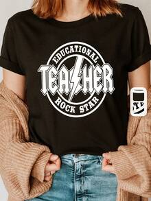 Camiseta casual de manga corta con estampado de letras, perfecta para verano y primavera, diseñada para mujeres que aman los temas educativos y la moda de rock star - Negro - Ver 2