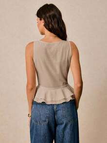 Blusa de mujer de unicolor con escote en V, sin mangas, con nudo delantero y volantes en el bajo para el verano - Caqui - Ver 7