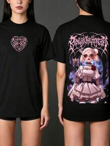 Camiseta Negra Dark Gothic Unisex 100% Algodón Muñeca Anime Estilo Metal Extremo Estampado Delantero y Trasero - Negro - Ver 1