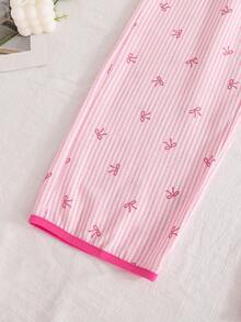 Coquette Pink Bow Striped Pajamas | Short Sleeve Open-Front Top & Long Pants, Bubble Crinkle Breathable Sleepwear For Girls - Pink - View 11