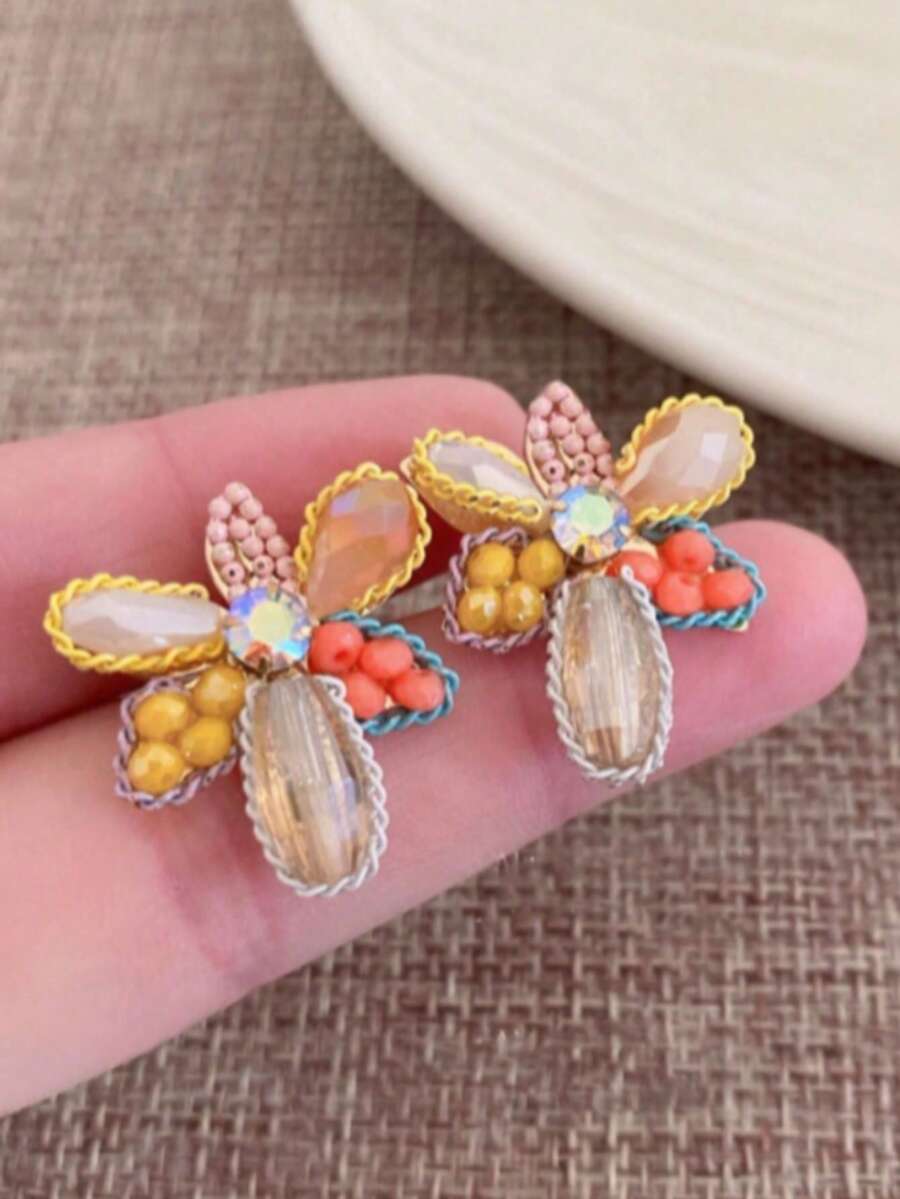 1对合金仿珍珠花朵耳钉，适合派对和约会，女士礼物 - 彩色 - 查看 1