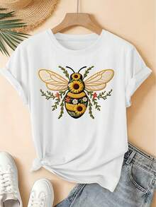 Spring/Summer 2026, New Women's Short Sleeve T-Shirt With Round Neck And Bee And Sunflower Print, Retro Distressed Style, Casual Top, Soft Fabric, High-Quality Women's Clothing | Fun And Funny Design | Suitable For Spring - 白色 - 查看 6