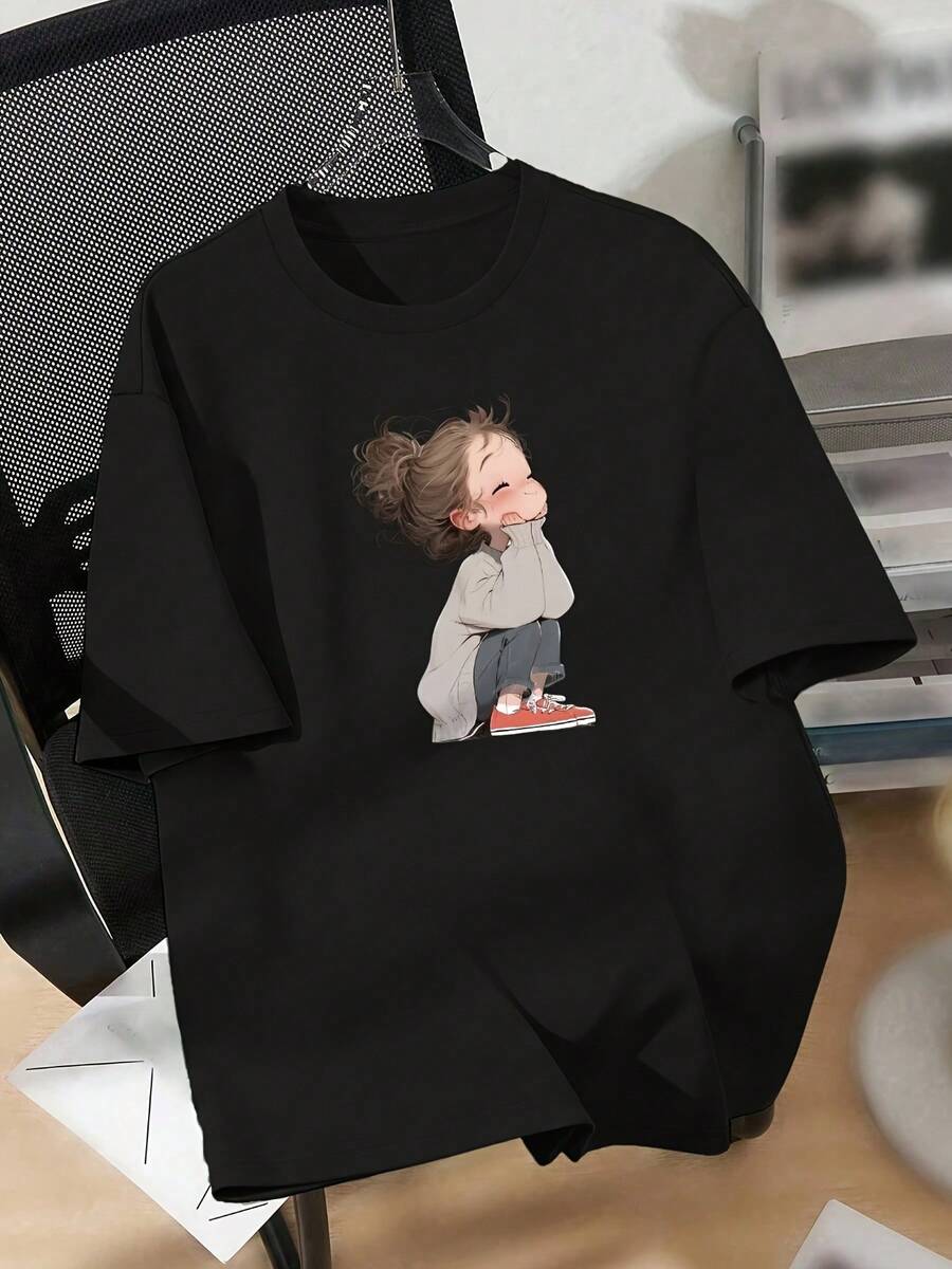 Camiseta de talla grande para mujer, casual, de corte entallado, con estampado de un niño pequeño con un abrigo acolchado