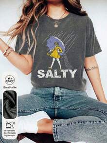 1 pieza de camiseta de verano para mujer con estampado de "Salty Girl", cuello redondo, manga corta, estilo sencillo, casual, para uso diario, talla grande, camisetas de moda, camisetas para mujer, 180g-100% algodón, camiseta casual para mujer: perfecta para actividades al aire libre y moda urbana. - Gris Oscuro - Ver 5