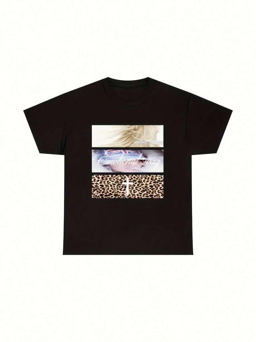 Camiseta unisex de manga corta con estampado de leopardo y patrón cruzado para verano - Negro - Ver 1