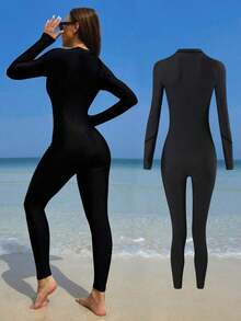 Bikinx Traje de baño deportivo de manga larga con cremallera, ajustado, con ribete de contraste de unicolor, para vacaciones de verano en la playa - Negro 2 - Ver 2