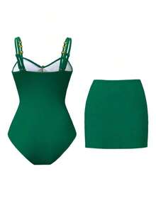 Swim Oasis 1 pieza Traje de baño de una sola pieza casual de vacaciones con decoración de pentágono lindo para mujer - Verde - Ver 2