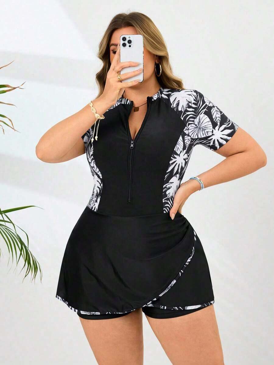 Swim Traje de baño de una pieza con estampado de hojas para mujer de talla grande, estilo casual de vacaciones - Multicolor 2 - Ver 1