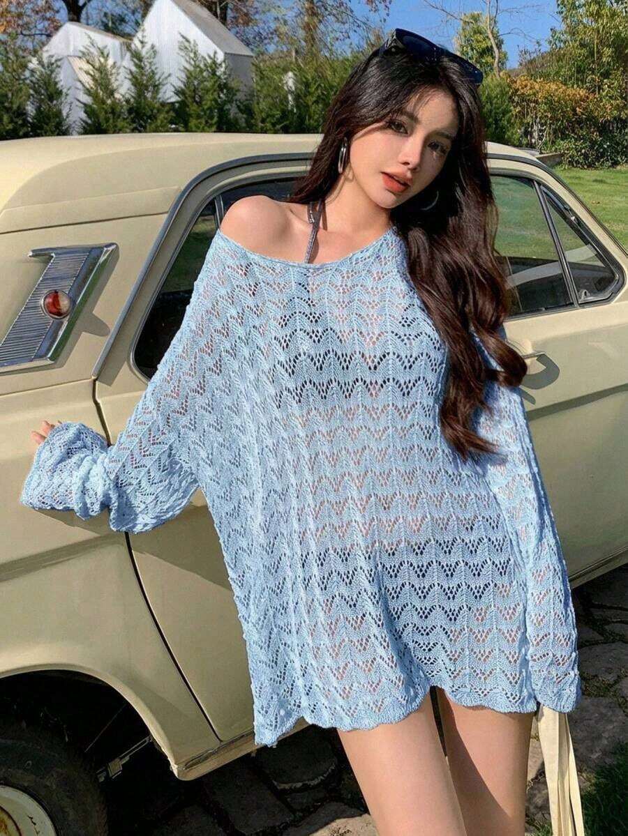 Cubrecuerpo de punto calado con hombros caídos para mujer, transparente y veraniego - Azul - Ver 1