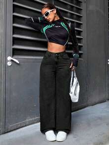 PETITE Jeans rectos de pierna suelta y lavados para mujer - Negro 3 - Ver 6