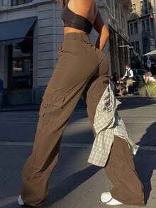 Pantalones cargo casuales negros de primavera con bolsillo con solapa lateral - Café integral - Ver 2