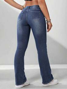 ICON Pantalones vaqueros de tiro bajo casuales y ajustados con pierna campana y efecto desgastado para mujer - Azul lavado oscuro - Ver 2