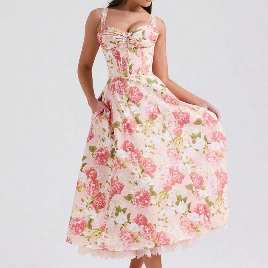Vestido largo de mujer de moda otoño nuevo estilo dulce y picante vacaciones ajustado estampado digital tirantes encaje volantes vestido elegante - Rosa - Ver 1