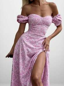 Vestido largo hombro al aire estampado floral con abertura elegante estilo europeo primavera - Rojo - Ver 1