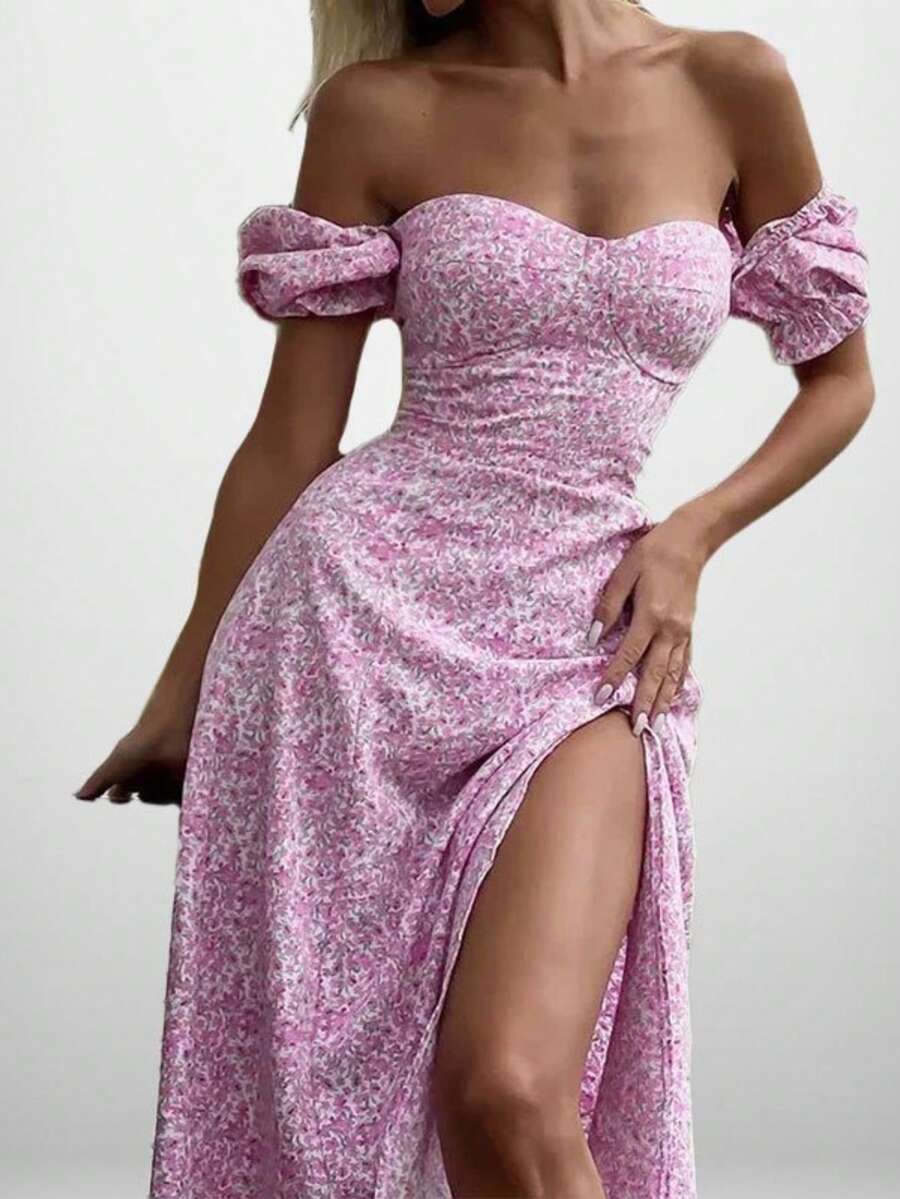 Vestido largo hombro al aire estampado floral con abertura elegante estilo europeo primavera - Rojo - Ver 1