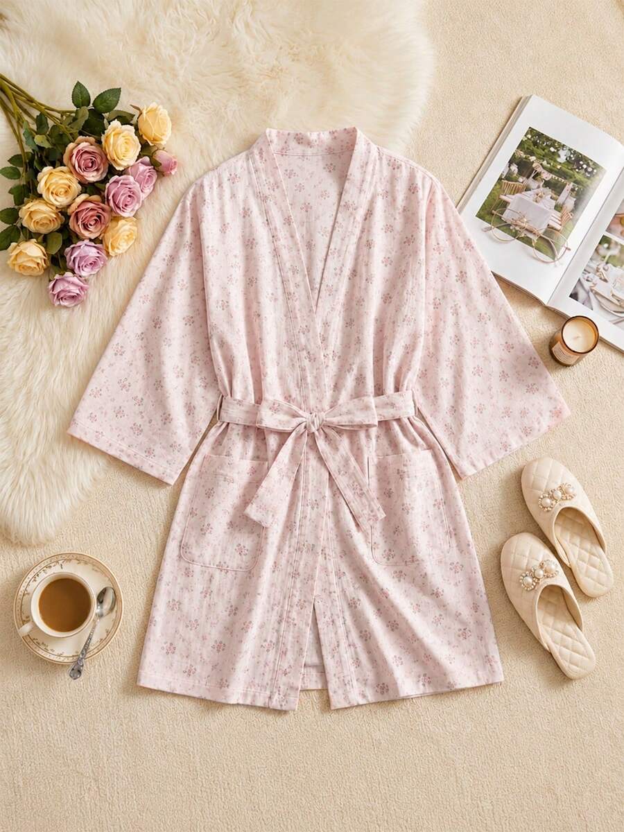 1pc Women's Bathrobe, Kimono, Sleepwear, Minimalist Sweet Robe, New Spring/Autumn Cute Lightweight Solid Color Pajamas - Pink - View 1