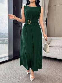Vestido versátil para cóctel y trabajo con cintura fruncida, decoración de botón metálico y cintura ceñida - Verde Oscuro - Ver 7