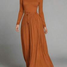 HUTENER Women's Long Dress, Solid Color Turtleneck Long Sleeve Bodycon Maxi Dress, Belted Waist Long Dress, Flowy Slimming, Retro Style, Versatile Office Wear Long Dress, Suitable For Spring, Summer And Autumn Elegant Black - Celeste - Ver 5