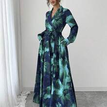 Women's Lapel NeckWaist Bowknot Floral Print Long Sleeve Dress Fall Cloth For Women - Rosa Fucsia - Ver 7