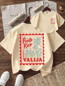 Camiseta de cuello redondo de manga corta con estampado gráfico informal para niñas preadolescentes, top de verano - Albaricoque - Ver 1