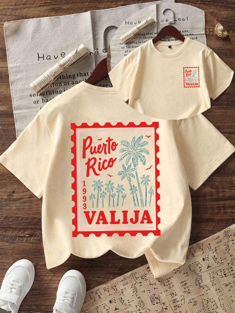 Camiseta de cuello redondo de manga corta con estampado gráfico informal para niñas preadolescentes, top de verano - Albaricoque - Ver 1