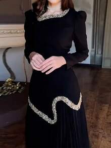 Vestido plisado con pedrería brillante estilo sensual para mujer - Negro - Ver 2