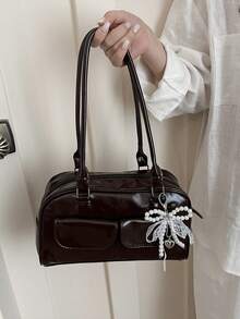 Lalippa 1pc Minimalist Retro Zipper Decor Dual Handle Women Daily Casual Commute Handbag - Coffee - View 4