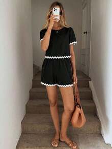 Conjunto de 2 piezas de top de manga corta con cuello redondo a cuadros y shorts casuales para mujer, de verano - Negro - Ver 6