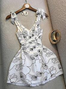 Nuevo vestido elegante con estampado, cuello en V y cintura con lazo - Negro 2 - Ver 2