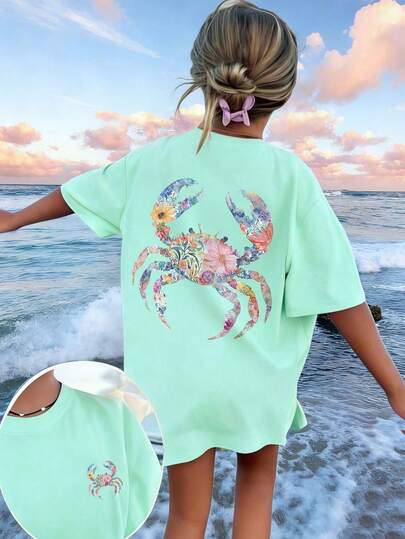 1pc Tween Girl Printed Short Sleeve T-Shirt, Student Youth Clothing, Summer Gift For Kids