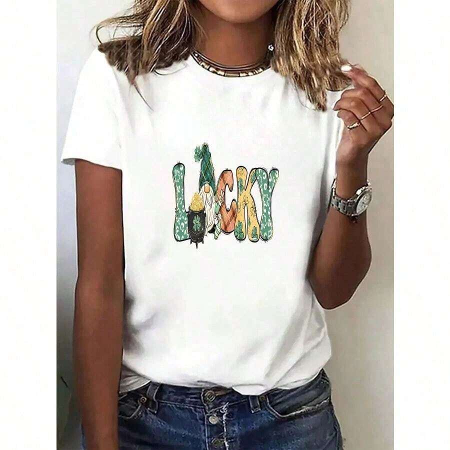 Printed T-Shirts For Women, Oversized Urban Style Tops, Comfortable And Stylish Summer Tees That Go With Everything. Women's Short-Sleeved Crew Neck T-Shirt, Fashionable For Spring And Summer, Urban Style For All Four Seasons, Light Print, Literary Clothing For Women, Workwear, Party And Vacation Wear, Popular Animal And Letter Print T-Shirt, Cute And Black. - 白色 - 查看 1