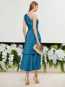 PREMIUM Vestido De Un Hombro Ajustado Tejido Con Pliegues - Azul - Ver 8