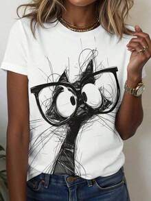 Camisetas estampadas de moda para mujer, tops de estilo urbano de gran tamaño, camisetas de verano cómodas y elegantes que combinan con todo. Algodón suave. Camiseta de mujer casual de cuello redondo y manga corta con estampado. Camiseta de algodón transpirable, combina con todo. - Blanco - Ver 5