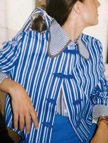 Nueva camisa elegante y con estilo de manga larga con botones delanteros a rayas, adecuada para vacaciones, viajes y uso diario en primavera - Azul - Ver 3