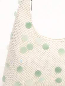 1 pieza Bolso de lino tipo hobo con parches de malla holográfica con lentejuelas en degradado verde, decoración de rhinestones brillantes, bolso casual de moda para el verano, estilo de vacaciones (colocación de lentejuelas al azar) - verde menta - Ver 6