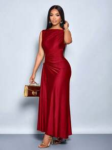 Vestido elegante de mujer con decoración de metal de unicolor, ajuste delgado, adecuado para el uso diario, compras, fiestas y reuniones - Burdeos - Ver 6