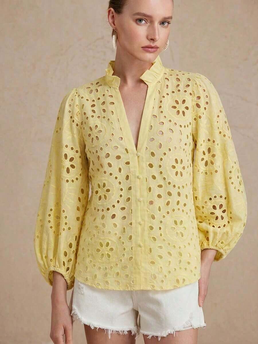 Camisa de mujer de unicolor con cuello Mao, versátil y casual para uso diario - Amarillo - Ver 1