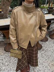 Chaqueta de cuero sintético vintage de motocicleta para mujer 2026, con cuello alto, cremallera y parches, corte holgado para invierno - Caqui - Ver 2