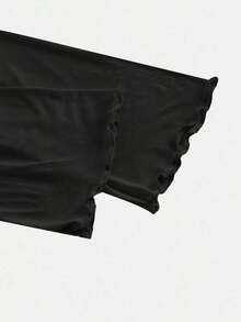 Conjunto de camiseta de manga larga ajustada con cuello de volantes, mangas acampanadas y plisadas en 3 colores - Negro - Ver 3