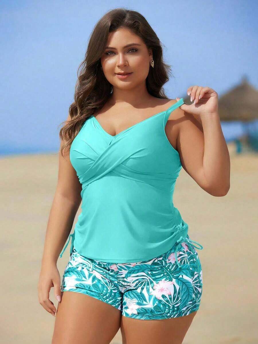 Swim Lushoire Set de 2 piezas de tankini con estampado floral para mujeres de talla grande - verde menta - Ver 1