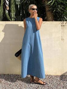 Vestido vaquero casual y suelto de cuello redondo y sin mangas para mujer, vestido de verano para mujer - Azul - Ver 4